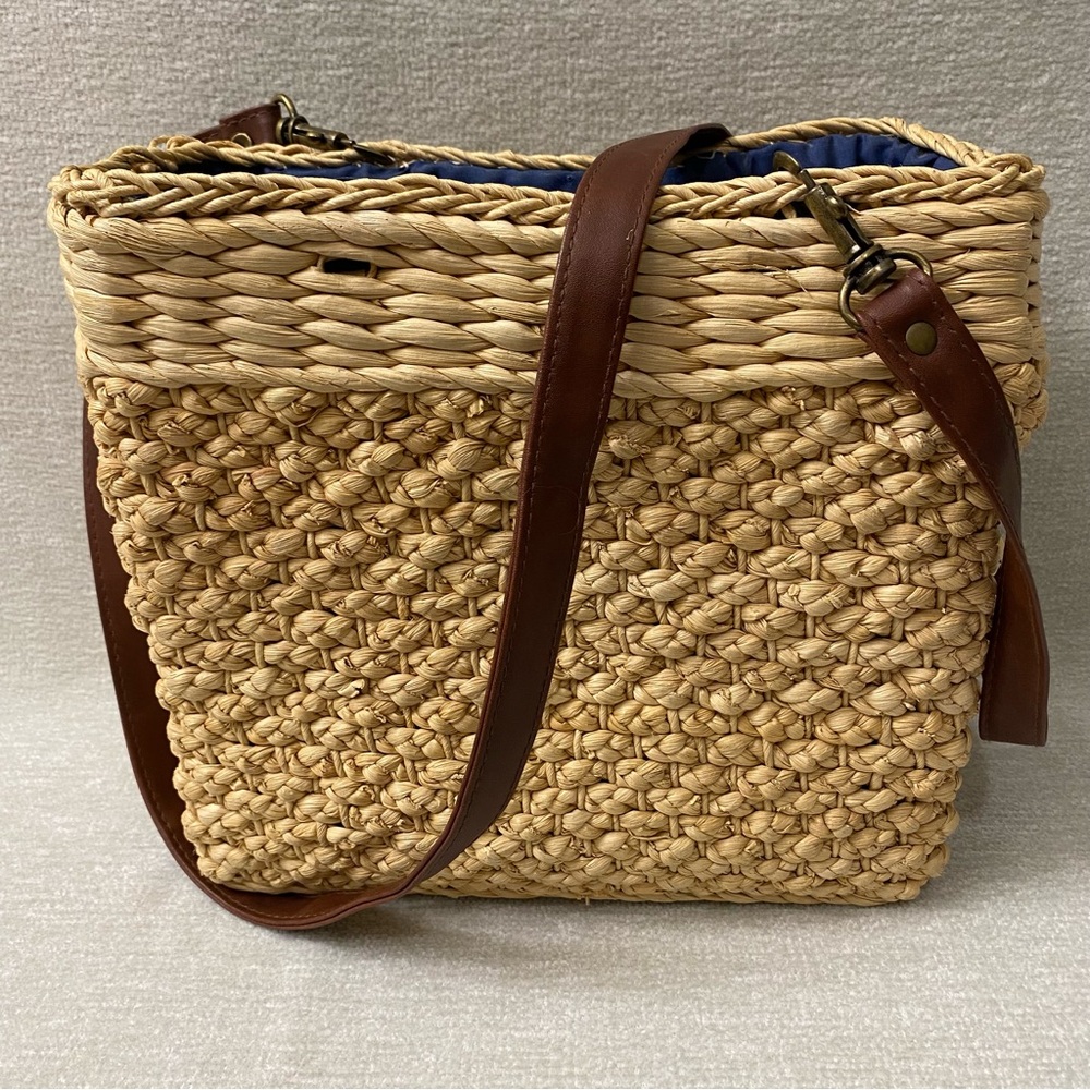 Tan Woven Seagrass Tote with Brown Strap